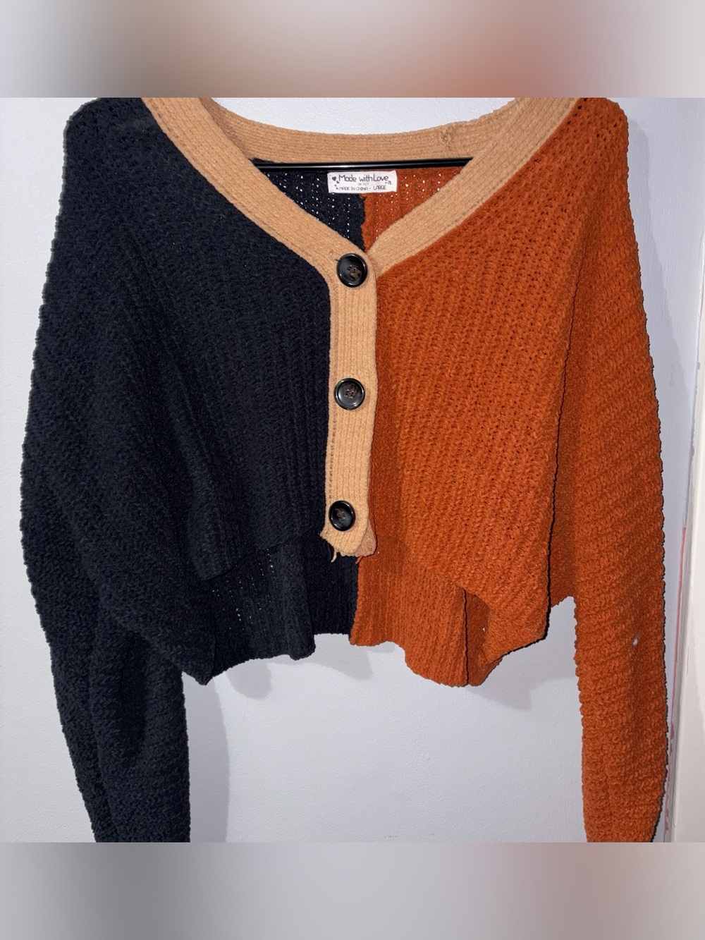 Two-Tone Black and Rust Knit Button-Front Cardigan